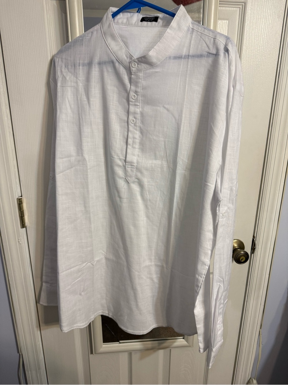 Men's White Grandad Collar Button-Down Shirt - Long Sleeve